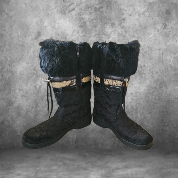 COACH "LORNA" BLACK JACQUARD LOGO LEATHER TRIM FUR CALF BOOTS SIZE:10M - Picture 4 of 7